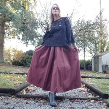 Load image into Gallery viewer, A narrow finished waistband featuring a fully gathered skirt that graces ankle length make this a fabulous skirt for the everyday. Some hidden pockets in the side seams a chunky style coil zipper in the back give this an original finish. A nice lightweight + airy feel skirt.
