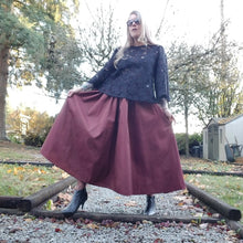 Load image into Gallery viewer, A narrow finished waistband featuring a fully gathered skirt that graces ankle length make this a fabulous skirt for the everyday. Some hidden pockets in the side seams a chunky style coil zipper in the back give this an original finish. A nice lightweight + airy feel skirt.
