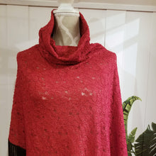 Load image into Gallery viewer, Elevate your look with this one of a kind poncho! The deep red color is perfect for the Fall/Winter season, and heavy lace fabric has a beautiful weighted feel and features a fringed edge that create a very chic and fine finish to any outfit on it&#39;s own or layered over your favorite jean jacket or coat! You will enjoy this piece for year&#39;s to come!
