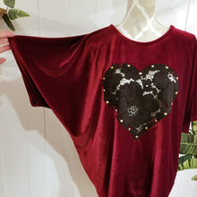 Load image into Gallery viewer, The perfect &#39;romantics&#39; shirt for everyday. Featuring a scoop neckline, elbow length sleeves and a loose flowy hemline. Wear freely on it&#39;s own or tuck it in. Made in an ultra luscious stretch velvet and features a see through lace heart framed with golden studs. So luxuriously soft + comfy you won&#39;t want to take if off!
