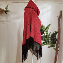 Load image into Gallery viewer, Elevate your look with this one of a kind poncho! The deep red color is perfect for the Fall/Winter season, and heavy lace fabric has a beautiful weighted feel and features a fringed edge that create a very chic and fine finish to any outfit on it&#39;s own or layered over your favorite jean jacket or coat! You will enjoy this piece for year&#39;s to come!
