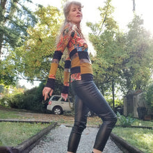 Load image into Gallery viewer, Unique on it&#39;s own or layer up this beauty! A one of a kind classic fitted mock neck top featuring x-long sleeves, handcrafted in a mixed patchwork of earth tones, art deco florals, liquid waves and 2-tone organic ribbed knits. Slip this beauty on and set your mark for the day!
