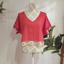 Load image into Gallery viewer, A sweet minimalist free flow cotton/linen top for everyday! Featuring a classic V-neck, this free sized top is detailed with beautiful vintage lace along the top shoulders, sleeves and hemline, creating a perfectly chic + effortless look you can pair with everything in your wardrobe. Slip on this beauty and feel the love!
