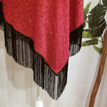 Load image into Gallery viewer, Elevate your look with this one of a kind poncho! The deep red color is perfect for the Fall/Winter season, and heavy lace fabric has a beautiful weighted feel and features a fringed edge that create a very chic and fine finish to any outfit on it&#39;s own or layered over your favorite jean jacket or coat! You will enjoy this piece for year&#39;s to come!
