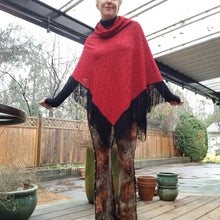 Load image into Gallery viewer, Elevate your look with this one of a kind poncho! The deep red color is perfect for the Fall/Winter season, and heavy lace fabric has a beautiful weighted feel and features a fringed edge that create a very chic and fine finish to any outfit on it&#39;s own or layered over your favorite jean jacket or coat! You will enjoy this piece for year&#39;s to come!
