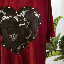 Load image into Gallery viewer, The perfect &#39;romantics&#39; shirt for everyday. Featuring a scoop neckline, elbow length sleeves and a loose flowy hemline. Wear freely on it&#39;s own or tuck it in. Made in an ultra luscious stretch velvet and features a see through lace heart framed with golden studs. So luxuriously soft + comfy you won&#39;t want to take if off!
