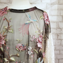 Load image into Gallery viewer, A uniquely mystical one of a kind top. Featuring a scoop neckline, long balloon sleeves and a loose flowy waist length hemline. Handcrafted in a wondrous hummingbird with florals embroidered sheer mesh with romantic chic cream lace sleeves and back. Wear freely on it&#39;s own or layer with any of our tank tops. Perfect for day to night in complete romantic style!
