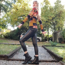 Load image into Gallery viewer, Unique on it&#39;s own or layer up this beauty! A one of a kind classic fitted mock neck top featuring x-long sleeves, handcrafted in a mixed patchwork of earth tones, art deco florals, liquid waves and 2-tone organic ribbed knits. Slip this beauty on and set your mark for the day!
