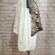 Load image into Gallery viewer, A uniquely mystical one of a kind top. Featuring a scoop neckline, long balloon sleeves and a loose flowy waist length hemline. Handcrafted in a wondrous hummingbird with florals embroidered sheer mesh with romantic chic cream lace sleeves and back. Wear freely on it&#39;s own or layer with any of our tank tops. Perfect for day to night in complete romantic style!
