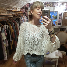 Load image into Gallery viewer, A sweet romantic top for everyday. Featuring a scoop neckline, long balloon sleeves and a loose flowy waist length hemline. Wear freely on it&#39;s own or layer with any of our tops for a unique vintage feeling topper look. Handcrafted in a luscious cream colored corded floral lace, so perfect for day to night in complete romantic style!
