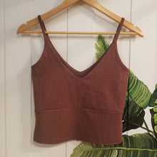 Load image into Gallery viewer, The ultimate in comfort for everyday. This classic crop style tank features a V-neck design front and back, a double layer upper body for added support + coverage, an under bust seam, thin straps and comfortable just past waist length for an effortless feel and minimal chic look!
