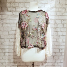 Load image into Gallery viewer, A uniquely mystical one of a kind top. Featuring a scoop neckline, long balloon sleeves and a loose flowy waist length hemline. Handcrafted in a wondrous hummingbird with florals embroidered sheer mesh with romantic chic cream lace sleeves and back. Wear freely on it&#39;s own or layer with any of our tank tops. Perfect for day to night in complete romantic style!
