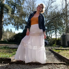 Load image into Gallery viewer, With all the sweet feels of boho chic and the right amount of sassy edge for the pure romantic gypsy heart. Slip this eco FREESPIRIT Maxi skirt beauty on for a completely country chic effortless look and feel the love in this handcrafted piece you&#39;ll enjoy for years to come!
