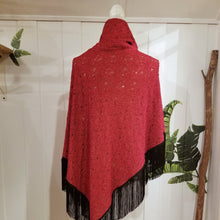 Load image into Gallery viewer, Elevate your look with this one of a kind poncho! The deep red color is perfect for the Fall/Winter season, and heavy lace fabric has a beautiful weighted feel and features a fringed edge that create a very chic and fine finish to any outfit on it&#39;s own or layered over your favorite jean jacket or coat! You will enjoy this piece for year&#39;s to come!
