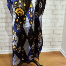 Load image into Gallery viewer, This luxurious kaftan is truly a one of a kind you will feel completely enamored in. Handcrafted using a bold diamond &amp; floral printed vintage velvet fabric is simply all you&#39;ll enjoy feeling, head to toe. Featuring a scoop neckline with an extended shoulder, loose fitting sleeve bands, double slide slits for ease of movement and front patch pockets. Giving all the old school vintage romantic feels, this subtle beauty will turn heads when she enters the room!
