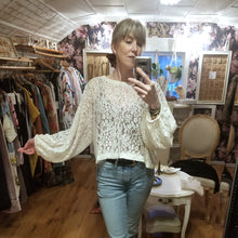 Load image into Gallery viewer, A sweet romantic top for everyday. Featuring a scoop neckline, long balloon sleeves and a loose flowy waist length hemline. Wear freely on it&#39;s own or layer with any of our tops for a unique vintage feeling topper look. Handcrafted in a luscious cream colored corded floral lace, so perfect for day to night in complete romantic style!
