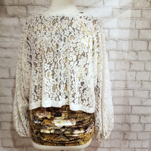 Load image into Gallery viewer, A sweet romantic top for everyday. Featuring a scoop neckline, long balloon sleeves and a loose flowy waist length hemline. Wear freely on it&#39;s own or layer with any of our tops for a unique vintage feeling topper look. Handcrafted in a luscious cream colored corded floral lace, so perfect for day to night in complete romantic style!
