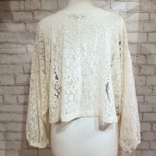 Load image into Gallery viewer, A uniquely mystical one of a kind top. Featuring a scoop neckline, long balloon sleeves and a loose flowy waist length hemline. Handcrafted in a wondrous hummingbird with florals embroidered sheer mesh with romantic chic cream lace sleeves and back. Wear freely on it&#39;s own or layer with any of our tank tops. Perfect for day to night in complete romantic style!
