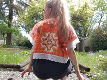 Load image into Gallery viewer, FREESPIRIT Patchwork Top in Red Stripe Linen, Mandala Satin + Vintage Lace
