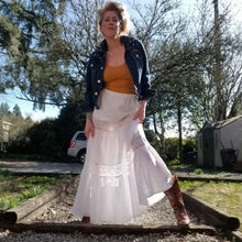 Load image into Gallery viewer, With all the sweet feels of boho chic and the right amount of sassy edge for the pure romantic gypsy heart. Slip this eco FREESPIRIT Maxi skirt beauty on for a completely country chic effortless look and feel the love in this handcrafted piece you&#39;ll enjoy for years to come!
