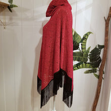 Load image into Gallery viewer, Elevate your look with this one of a kind poncho! The deep red color is perfect for the Fall/Winter season, and heavy lace fabric has a beautiful weighted feel and features a fringed edge that create a very chic and fine finish to any outfit on it&#39;s own or layered over your favorite jean jacket or coat! You will enjoy this piece for year&#39;s to come!
