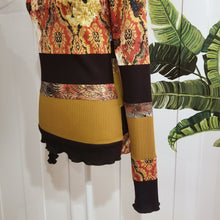 Load image into Gallery viewer, Unique on it&#39;s own or layer up this beauty! A one of a kind classic fitted mock neck top featuring x-long sleeves, handcrafted in a mixed patchwork of earth tones, art deco florals, liquid waves and 2-tone organic ribbed knits. Slip this beauty on and set your mark for the day!
