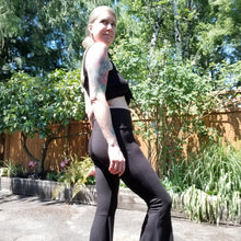 Load image into Gallery viewer, These are your classic, sexy, flares. Made in a lusciously comfortable and breathable soft organic bamboo knit, they feature a wide high rise waistband with a body forming slim fit down to the knees with a super flared hem, just slip on up these classics and have fun mixing + matching with everything in your wardrobe!
