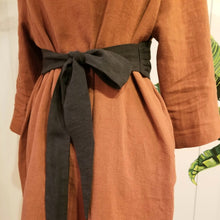 Load image into Gallery viewer, This is a perfectly simple long classic linen belt featuring a wider ruched center panel and 2 narrow pointed belt ends that you can tie multiple ways. This belt is the perfect addition to wrap around any of our linen styles or you can wrap it, knot it, bow it, or tie it any way you like around any of your shirts, blouses, lightweight sweaters, tops or dresses. Create a slimming silhouette today with this great piece!
