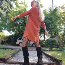 Load image into Gallery viewer, A classic 3/4 sleeve tunic dress with a scoop neck, easy fit sleeve and body with a scoop hem ending above knee length and side seam pockets. Designed for everyday living. Feel the comfort in this style + the freedom to do it!
