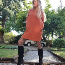 Load image into Gallery viewer, A classic 3/4 sleeve tunic dress with a scoop neck, easy fit sleeve and body with a scoop hem ending above knee length and side seam pockets. Designed for everyday living. Feel the comfort in this style + the freedom to do it!
