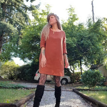 Load image into Gallery viewer, A classic 3/4 sleeve tunic dress with a scoop neck, easy fit sleeve and body with a scoop hem ending above knee length and side seam pockets. Designed for everyday living. Feel the comfort in this style + the freedom to do it!
