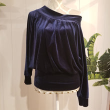 Load image into Gallery viewer, Slip on this ever so luscious + cozy stretch velvet sweater top, featuring a wide boat neckline that makes this a chic shoulder baring piece, perfect on it&#39;s own or as a staple layering piece. Long sleeves for added warmth and an extra wide hemband that keeps you warm all the way down to the hips. Wear this beauty on or off the shoulder while you lounge + relax in comfort or for a special night out, especially paired with our luscious stretch velvet bottoms it&#39;s the ever so chic style set for the fall/winte
