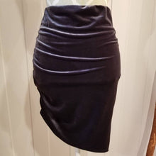 Load image into Gallery viewer, A classic for all seasons! A fun angled hem 22&quot; mini length skirt with it&#39;s super easy pull-on style elastic waistband, one side seam has gathering and the other a clean finish seam featuring a sassy 6&quot; side slit. Wear it layered with stockings, boots and a chunky cardigan from Fall through Winter and lighten the layers to a simple t-shirt and flats come springtime, a year round favorite!
