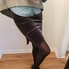 Load image into Gallery viewer, A classic for all seasons! A fun angled hem 22&quot; mini length skirt with it&#39;s super easy pull-on style elastic waistband, one side seam has gathering and the other a clean finish seam featuring a sassy 6&quot; side slit. Wear it layered with stockings, boots and a chunky cardigan from Fall through Winter and lighten the layers to a simple t-shirt and flats come springtime, a year round favorite!
